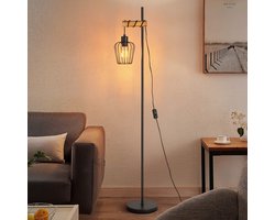 NETTLIFE Vloerlamp- E27 Fitting - zwart - met 13cm Lampenkap - Vintage Staande lamp - metaal en hout - incl. schakelaar - H 140cm - voor Woonkamer | Slaapkamer | Kantoor - Zonder lamp