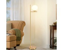 NETTLIFE Vloerlamp - goud - E27 Fitting - 1-Lichts - met glazen Lampkap - Vintage Leeslamp - met kabel 2M - met Voetschakelaar - voor Slaapkamer | Woonkamer - Zonder Lichtborn - 150cm