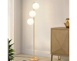NETTLIFE Vloerlamp - goud - E27 Fitting - 3-Lichts - met glazen Lampkap - Vintage Leeslamp - met kabel 2M - met Voetschakelaar - voor Slaapkamer | Woonkamer - Zonder Lichtborn - 150cm