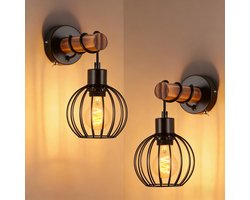 NETTLIFE Wandlamp 2 stuks - Hout - E27 Fitting - zwart - 14.5CM - Vintage Wandverlichting - met Schakelaar - industriële Wandspot - Metaal - voor Woonkamer | Slaapkamer | Gang | Restaurant | bed- Zonder lamp