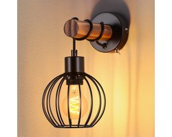 NETTLIFE Wandlamp - Hout - E27 Fitting - zwart - 14.5CM - Vintage Wandverlichting - met Schakelaar - industriële Wandspot - Metaal - voor Woonkamer | Slaapkamer | Gang | Restaurant - Zonder lamp