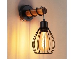 NETTLIFE Wandlamp - Hout - E27 Fitting - zwart - 14CM - Vintage Wandverlichting - met Schakelaar - industriële Wandspot - Metaal - voor Woonkamer | Slaapkamer | Gang | Restaurant - Zonder lamp