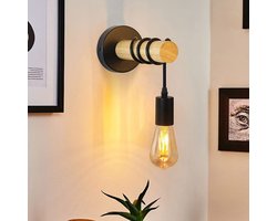 NETTLIFE Wandlamp Hout - Vintage - Zwart - E27 Fitting - Binnen Wandverlichting - Retro Ganglamp - Landelijk Huis Design - voor Slaapkamer | Café | Restaurants | Woonkamer