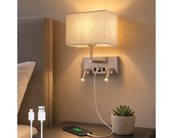 NETTLIFE Wandlamp met Schakelaar - Moderne E27 Stoffen Kap | USB-A & USB-C Oplaadfunctie | Met 2x 360° Draaibare LED Leeslampen | Ideaal voor Slaapkamer Hotel & Kantoor - Zonder Lampen