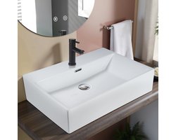 NETTLIFE Wastafel - 60 × 42 × 15cm - Keramiek - wasbak voor badkamer en toilet - Wit wastafel - met overloop - Badkamerwastafel - Modern kraangat Handspoelbak - voor gastentoilet-Zonder kraan