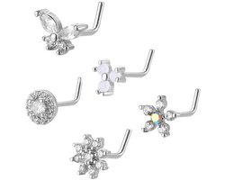 Neusring Set van 5 - L-vormige Neusstuds - Hypoallergeen Roestvrij Staal - Zirkonia Steentjes - Elegante Ontwerpen - Comfortabel en Duurzaam
