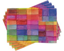 New Bed Abstract Regenboogkleurige vierkanten Set van 4 Placemat voor Eettafel, Wasbare Stof met Antislip Achterkant