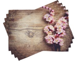 New Bed Bloem Lentebloesem op hout Set van 4 Placemat voor Eettafel, Wasbare Stof met Antislip Achterkant