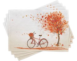 New Bed Fiets Oranje herfstboom Set van 4 Placemat voor Eettafel, Wasbare Stof met Antislip Achterkant