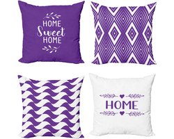 New Bed Paars en Wit Thuis Zin en Woord Lettering met Rhombus Ruit Kussenhoes met sierkussen, 4-pack, modern accent, dubbelzijdig digitaal bedrukt, 50 cm x 50 cm