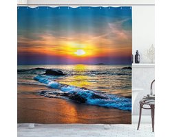 New Bed, Tropisch Zonsondergang Zeegezicht Golvende Oceaan Douchegordijn Badkamer Decor Set met Haakjes 180 cm B 200 cm L