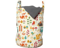 New Bed, Wasmand Kinderen Cartoon Uil Vos Eekhoorn Vogels, Opbergmand Kinderkamer met Herfst Bosdieren Patroon met Handvatten en Koordsluiting, Speelgoedmand kinderen - Speelgoedkist - Wasbox - 33 x 48 cm