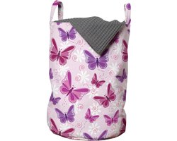 New Bed, Wasmand met Vlinders in Roze en Paars, Opbergmand meisjeskamer decor met Handvatten en Koordsluiting, Speelgoedmand kinderen - Speelgoedkist- Wasbox - 33 x 48 cm
