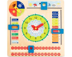 New Classic Toys - Houten Kalenderklok - Leer Klokkijken - Leerklok - Weet jij welke dag het is? Hoe laat is het? Schijnt de zon?