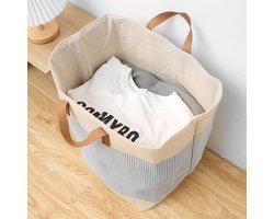NewIQ - Wasmand van jute – Multifunctionele opbergmand, speelgoedmand, picknicktas & wasbox – Opvouwbaar met lederen handvat