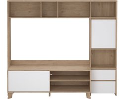 Next wandkast Systeem voor TV, 1 deur, 1 schuifdeur, 2 lades eiken decor, wit hoogglans.