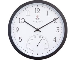NeXtime Marigold – Buitenklok – 30.5 cm – Metaal – Zwart/Wit – Weerbestendig – Met thermometer