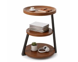 NextNovaDeals 3-Laags Bijzettafel - Houten Ronde Tafel - Opbergruimte - Metalen Frame - Bruin - Woonkamer Slaapkamer - Nachtkastje