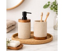 Niagara Luxe badkameraccessoire set 2-delig – zeepdispenser en tandenborstelbeker – Naturel/Zwart
