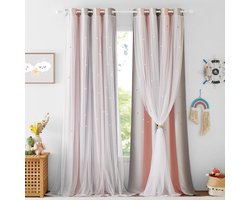 Nicetown Verduisteringsgordijn, voor kinderkamer, 2 stuks, met vitrage, met sterren, met ingestanste ringen, 240 x 132 cm (b x h), roze en grijs [Energieklasse A++]