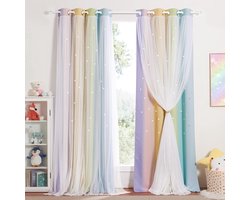 Nicetown Verduisteringsgordijn, voor meisjes, voor kinderkamer, 2 stuks, met vitrage, met sterren, met ingestanste ringen, 240 x 132 cm (b x h), regenboog-2 [Energieklasse A++]