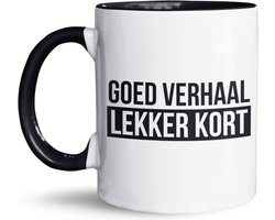 NietMokken.nl - Grappige Koffiemok - Goed Verhaal Lekker Kort - Beide Zijden Bedrukt - Keramische Beker - Vaatwasser- en Magnetronbestendig - 325 ml - Origineel Cadeau voor Thuis en Kantoor - Wit/Zwart - Leuk voor collega's