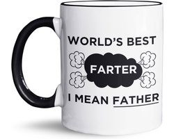 NietMokken.nl - Grappige Mok voor Papa of Vaderdag - World's Best Farter, I Mean Father - Leuk Vaderdagcadeau - Origineel Cadeau voor Papa - Mok met Tekst - 325 ml Koffiemok - Variant met zwart randje