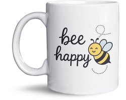 NietMokken.nl - Kantoormok – Bee Happy – Grappige beker met bij – Positieve koffiemok 325ml – Keramiek – Aan beide zijden bedrukt – Cadeau voor collega of thuis