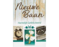 Nieuwe baan! Van harte gefeliciteerd! Een leuke wenskaart met een drie verschillende afbeeldingen. Een ouderwedste typmachine, een klok en een ventilator. Een dubbele wenskaart inclusief envelop en in folie verpakt.