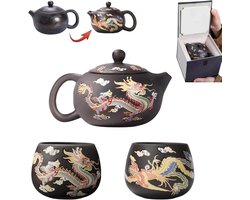 Nieuwe Handgemaakte Draak en Feniks Kleurveranderende Theepot van Paarse Klei – Zisha Theeset – Kungfu Theepot Cadeau voor Theeliefhebbers (Zwart, 1 Theepot + 2 Kopjes)