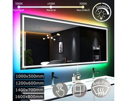 Nieuwe Stijl 105 x 50 cm Dual LED-Badkamerspiegel met Dubbele Verlichting, Anti Condens, 3 kleuren Temperatuur & Dimbaar & Touchscreen - Make Up Spiegel - RGB-Achtergrondverlichting Blauw, Hemelsblauw, Lichtblauw, Rood, Lichtgroen, Paars, Groen- IP65