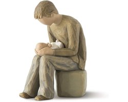 Nieuwe Vader Figuur - Vader en Kind Beeldje - Vaderschap Vieren - Handgemaakte Steen Sculptuur - 17.5cm Hoog - Naturel