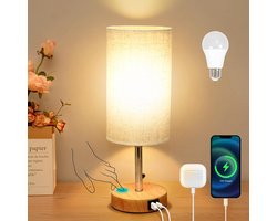 Night Light Touch Dimmable, Table Lamp with USB A/C Charging Ports, Linen Lampshade and 3 Brightness Levels, Night Light with Cable for Bedroom Living Room