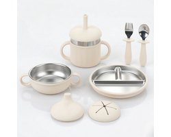 NilaFee® Kinderservies Robin Milky – Baby Eetset – Siliconen & RVS – Vakjesbord – Kom – Drinkbeker met Rietje – Bestek – Kinderservies – Peuter & Baby 6m+