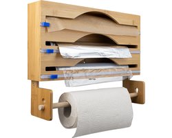 Nimma Rollenhouder - Keukenrolhouder en Foliehouder in 1 - Incl. Ophangsysteem en Foliesnijder - Geschikt voor 3 Rollen Folie - Bamboe