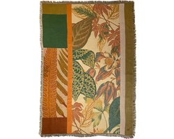 NIN-NIT - Bicnonia Blanket - Plaid - Geweven Deken - Sprei - Bloemen Print - Bladeren - Natuurprint - 100% geweven katoen - oranje - groen - beige - bruin - roze - rood - multicolor -220x160 cm
