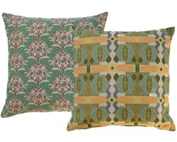 NIN-NIT - Fleur Soleil kussen - 100% geweven katoen - sierkussen met zonnige natuur en bloemen print - groen - oranje - roze - beige - geel - blauw - multicolor - 50x50 cm