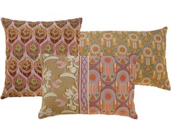 NIN-NIT - Fleurs Classiques kussenset - 3 verschillende sierkussens met bloemenprint - Natuurprint - Bladeren - roze - oranje - grijs - beige - groen - lila - multicolor - 90x35 cm - 50 x50 cm - 60x40 cm - 100% geweven katoen
