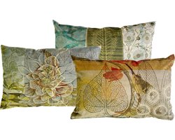 NIN-NIT - Nature Art kussenset -3 kussens - sierkussens met natuurprint - bloemen - bladeren - velvet - bruin - oranje - geel - blauw - groen - beige - wit - oker - rood - multicolor - 40x60 cm