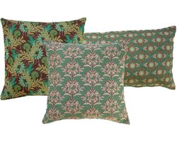 NIN-NIT Nature Classique kussenset - 3 verschillende sierkussens met bloemenprint - Bladeren - natuurprint - groen - paars - bruin - beige - turquoise - oker - multicolor - 1x 90x35 cm - 2x 50x50 cm