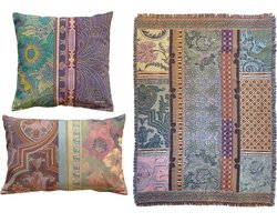 NIN-NIT - Paleis Het Loo kussens en plaid - set van 2 sierkussens en een geweven deken - plaid - sprei - velvet - 100% geweven katoen - roze - blauw - groen - paars - beige - lila - multicolor