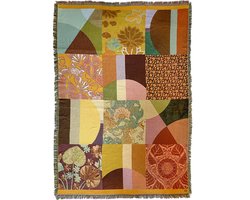 NIN-NIT - Patchwork Blanket - plaid - geweven deken - sprei - bloemen print - geblokt - paars - rood - oranje - geel - groen - blauw - paars - natuurprint - bladeren - 100% geweven katoen - 220x160 cm