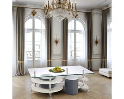 NINA 5 Salontafel met Poefjes - Grijs en Donkergrijs - 130x70x42 cm - Glas / Gelakt MDF / Chroom Staal / PVC - Rechthoekig