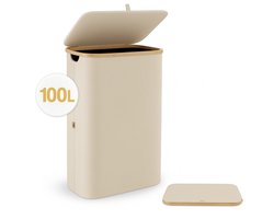 Nince Wasmand - 100L - Groot formaat - Wasmand met deksel - Sterk materiaal - Wassorteerder - Beige