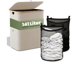 Nince Wasmand - 2 Vakken - 141L - Met Deksel - Wassorteerder - Uitneembare Waszakken - Bamboe - Opvouwbaar - Beige