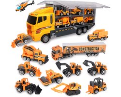 Nine Speelgoedtruck met 11 Voertuigen - Speelgoed Auto’s voor Jongens - Bouwvoertuigen Set - Vrachtwagen Speelgoed - Speelgoed vanaf 3 Jaar - Sinterklaas