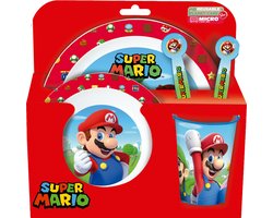 Nintendo's Super Mario Kinderservies - 5-delig - Herbruikbaar - Inclusief bord, kom, bestek en beker - Vaatwasser- en microgolfbestendig & BPA-vrij - Wit/Rood