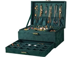 Nixnix® - Sieraden kistje - 3 lagen - Groen - Luxe - Sieraad opberg doosje - Doos - Opbergdoos - Velours