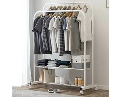 N.lux - Kleding rek - Wit - Dubbel rek - Op wieltjes - Met planken - Metaal - Groot - Kledingstangen