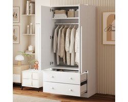 NMONET Kledingkast - Kledingkasten Slaapkamer - Garderobekast - 70x40x170 cm - Uitgerust met dubbele lades en dubbele deuren - Ingebouwde droogrek - Grote opslagcapaciteit - Moderne stijl - Wit